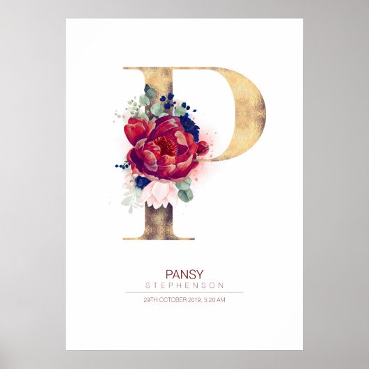 Poster Monogramme lettre P floral bleu marine et bordeaux (Devant)