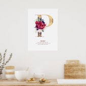 Poster Monogramme lettre P floral bleu marine et bordeaux (Cuisine)