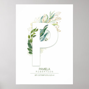 Poster Monogramme Lettre P Or Feuillage Chic