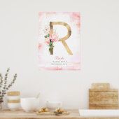 Poster Monogramme Lettre R Feuilles Dorées Magnolia Rose  (Cuisine)