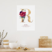 Poster Monogramme Lettre R Fleurs Rouge Bourgogne et Or (Cuisine)