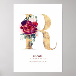 Poster Monogramme lettre R floral bordeaux et or