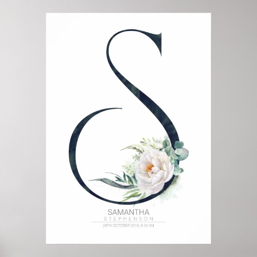 Poster Monogramme lettre S Fleurs blanches et verdure (Devant)