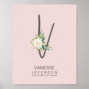 Poster Monogramme lettre V Décor floral rose