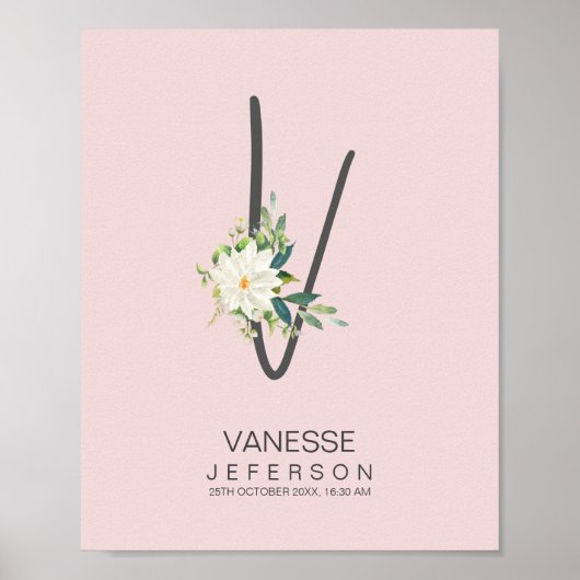 Poster Monogramme lettre V Décor floral rose (Devant)
