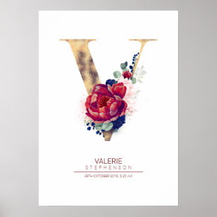 Poster Monogramme lettre V floral bleu marine et bordeaux