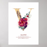Monogramme lettre V floral bordeaux rouge et or