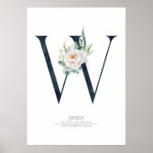 Poster Monogramme lettre W Fleurs blanches et feuillage (Devant)