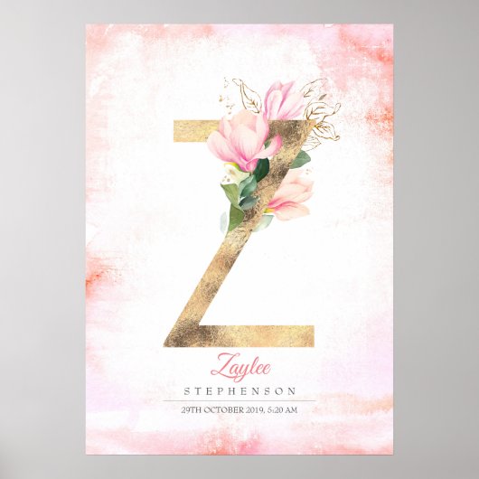 Poster Monogramme lettre Z feuilles dorées fleurs de magn (Devant)