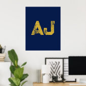 Poster Monogramme Lettres Initiales Or & Bleu Simple (Bureau à domicile)