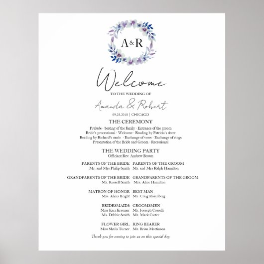 Poster Monogramme Mariage Cérémonie Programme Panneau de  (Devant)