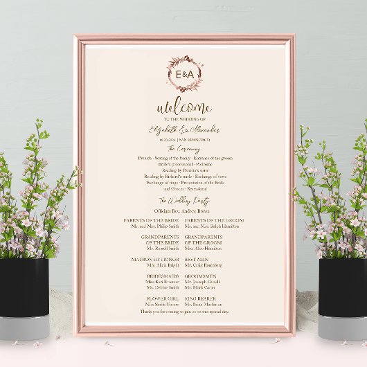 Poster Monogramme Mariage Cérémonie Programme Panneau de 