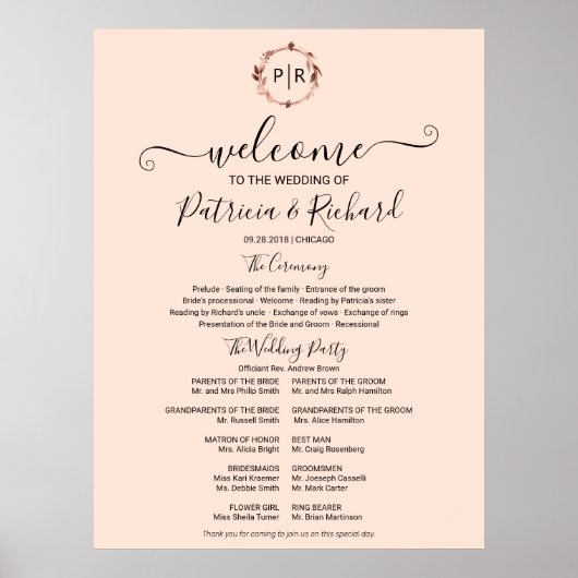 Poster Monogramme Mariage Cérémonie Programme Panneau de  (Devant)