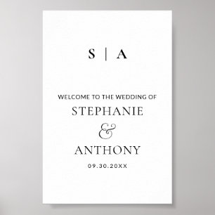 Poster Monogramme minimaliste moderne Mariage noir et bla