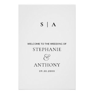 Poster Monogramme minimaliste moderne Mariage noir et bla