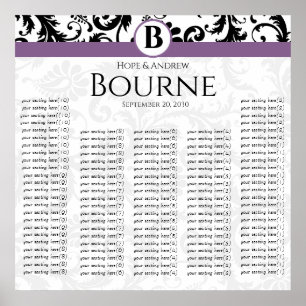 Poster Monogramme noir et blanc pourpre Damas