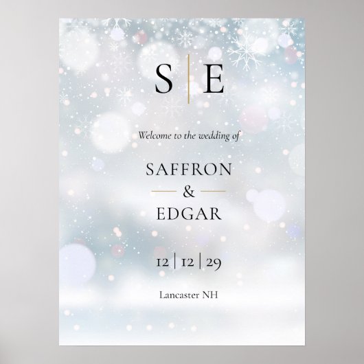 Poster Monogramme Noir Et Or Mariage D'Hiver Bienvenue (Devant)