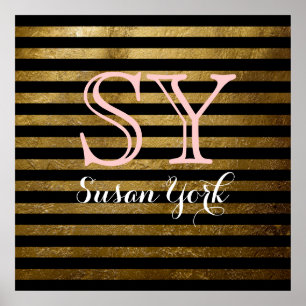 Poster monogramme noir rayures dorées style chic