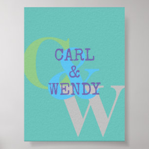 Poster Monogramme nom bleu gris VERT élégant cadeau