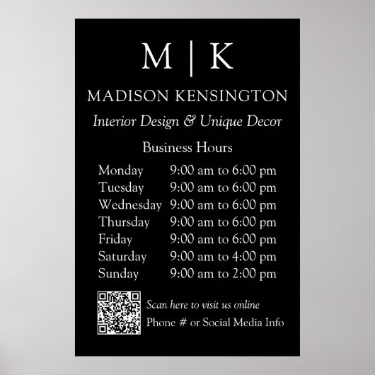 Poster Monogramme ou ajouter un logo Heures d'ouverture B (Devant)