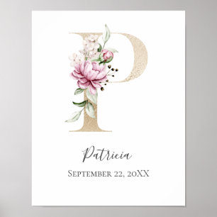 Poster Monogramme P Rose Blanc Floral Lettre Dorée Nurser