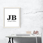 Poster Monogramme personnalisé moderne Nom initial Noir e<br><div class="desc">Poster monogramme classique élégant noir et blanc sur le thème de la maison et du bureau.</div>