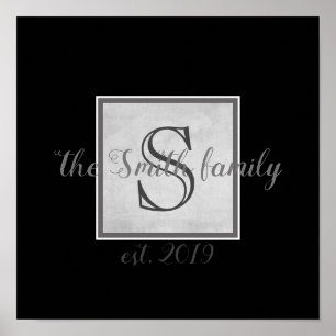 Poster monogramme personnalisé mur art gris et noir moder