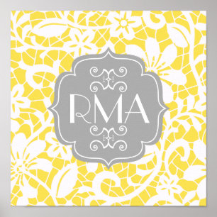 Poster Monogramme personnalisé par dentelle vintage jaune