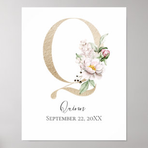 Poster Monogramme Q Rose Blanc Floral Lettre Dorée Nurser
