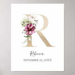 Poster Monogramme R Rose Blanc Floral Lettre Dorée Nurser