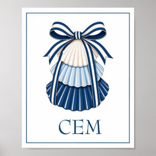 Poster Monogramme Rubans et Coquillages Bleus et Blancs