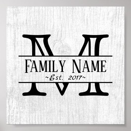 Poster Monogramme Rustique White Wood Nom de famille (Devant)
