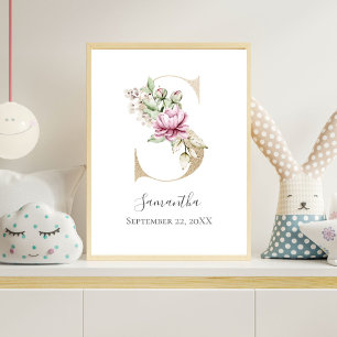 Poster Monogramme S Rose Blanc Floral Lettre Dorée Nurser