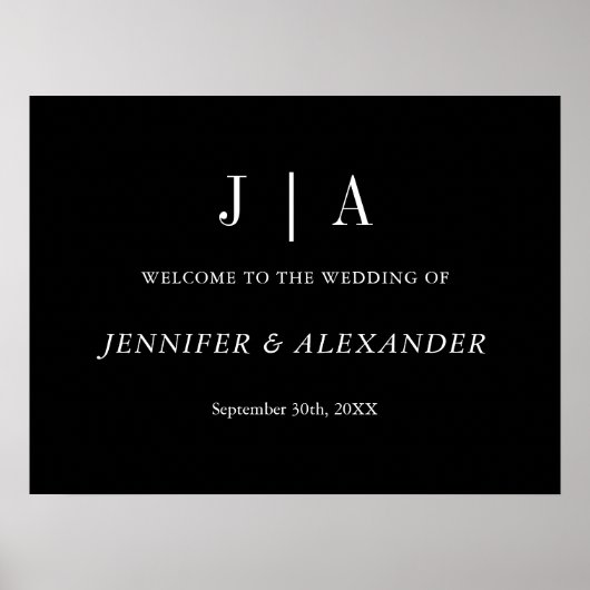 Poster Monogramme simple moderne Mariage noir et blanc (Devant)