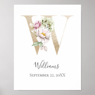 Poster Monogramme W Rose Blanc Floral Lettre Orée Nurseri