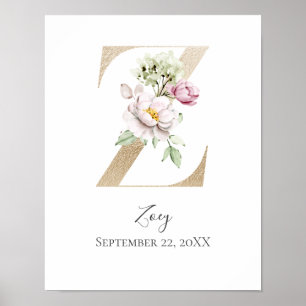 Poster Monogramme Z Rose Blanc Floral Lettre Dorée Nurser