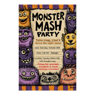 Poster "Monster Mash Party" avec de mignons monstres