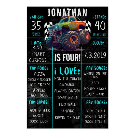 Poster Monster Truck Anniversaire de fête Jalon (Devant)