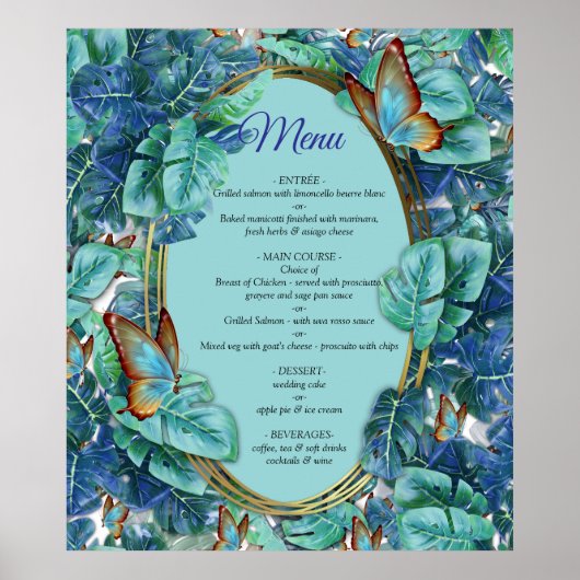 Poster Monstera bleu turquoise Feuilles et papillons (Devant)