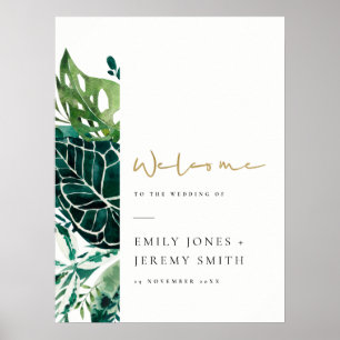 Poster Monstère Tropical Green Foliage Mariage Bienvenue 