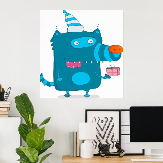 Poster Monstre de dessin animé bleu avec Casquette de fêt