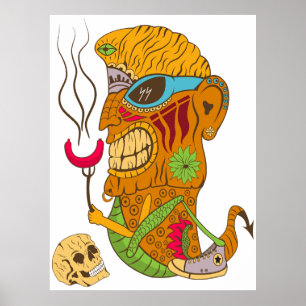 Poster Monstre Tiki Barbecue avec Saucisse et Crâne Humai