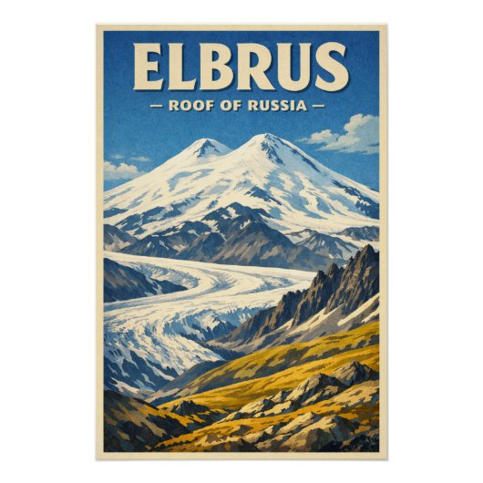 Poster Mont Elbrus, Russie, dans un style rétro classique (Devant)