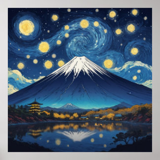 Poster mont fuji à la nuit étoilée
