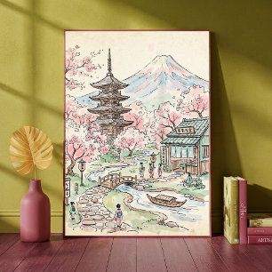 Poster Mont Fuji Fleur de Cerisier Japonaise Aquarelle Pa