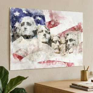 Poster Mont Rushmore Aquarelle avec drapeau américain