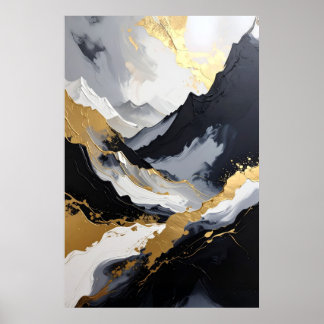 Poster Montagne Abstraite Luxueuse Noir Blanc et Or
