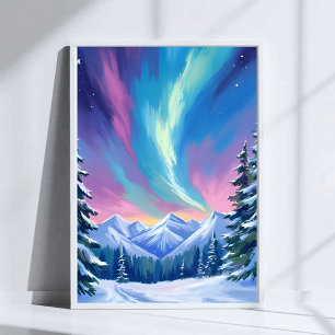 Poster Montagne aquarelle aurore boréale nuit d'hiver