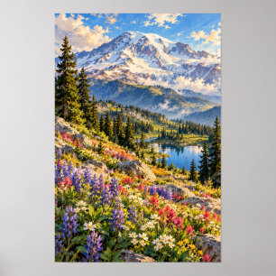 Poster Montagne Couronnée de Neige et Fleurs Sauvages des