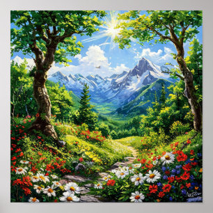Poster Montagne dans la forêt avec fleurs et arbres